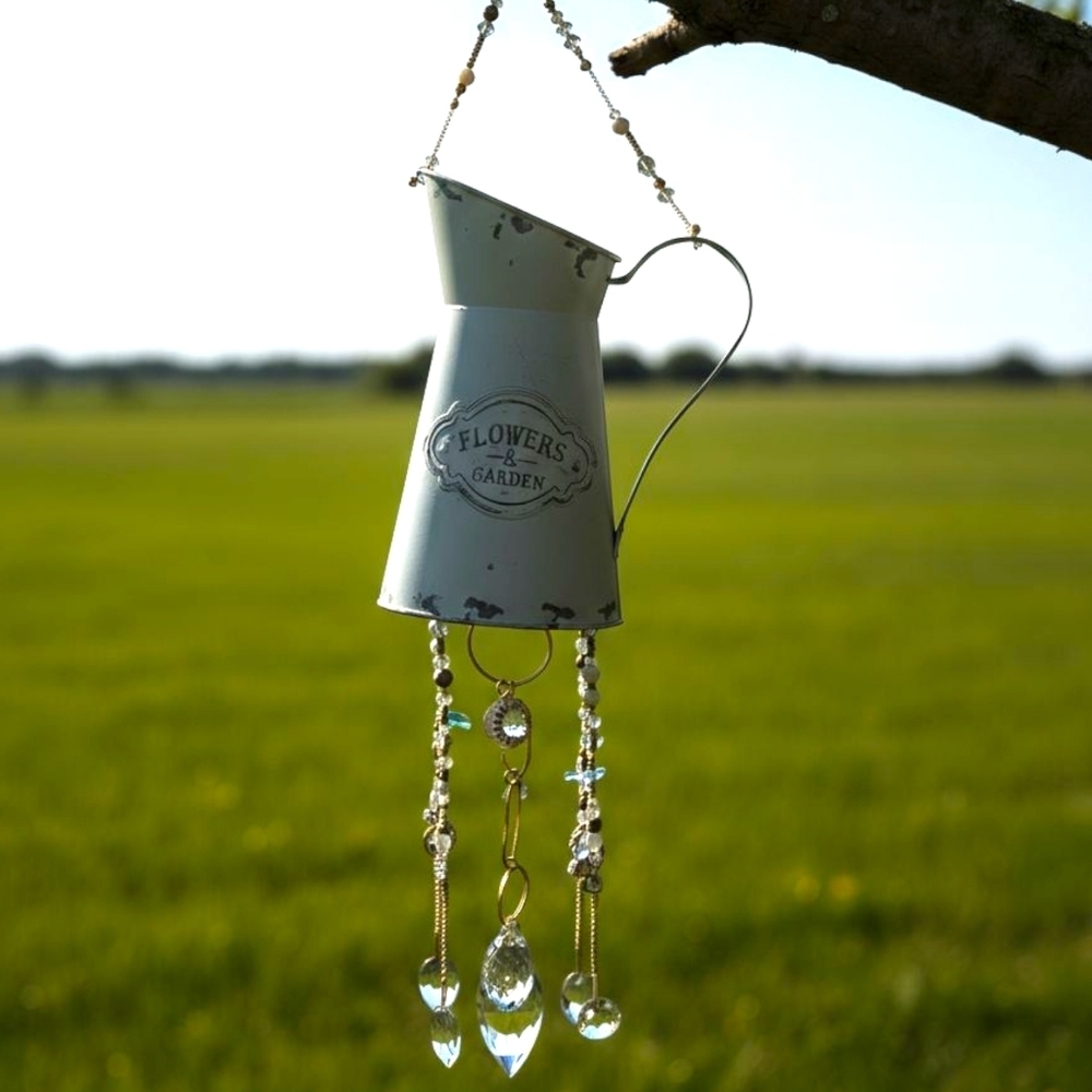 Hand Crafted Sun Sweeper - White Tin Vase W spoons, glass Beads